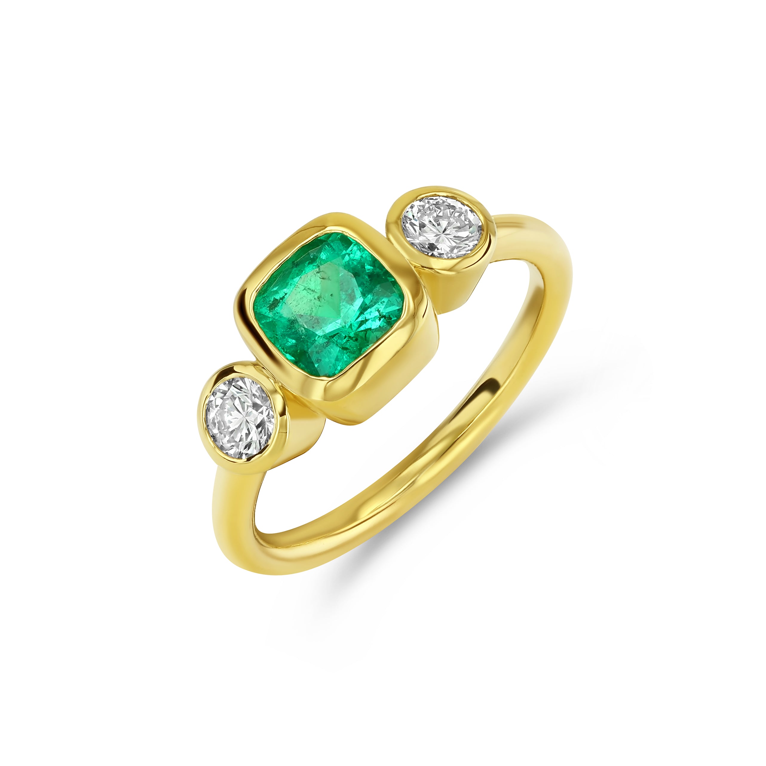 1ct Muzo Emerald and Diamond Three Stone Bezel Ring