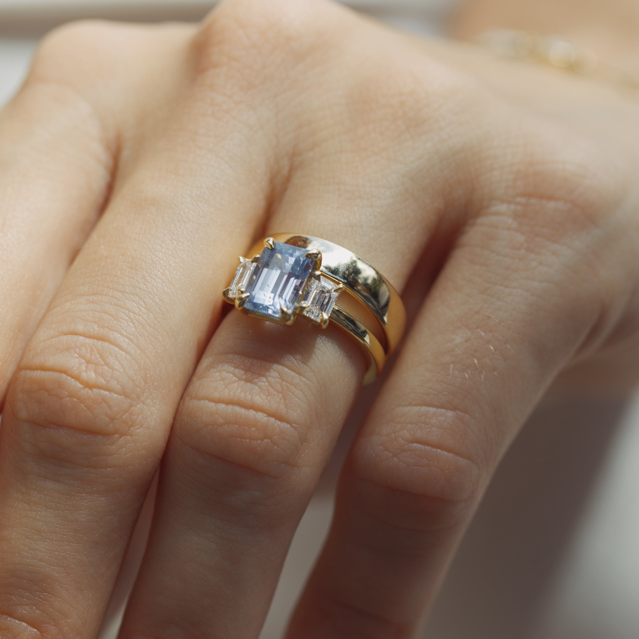 2.67ct Sapphire and Lab Diamond Three Stone Ring