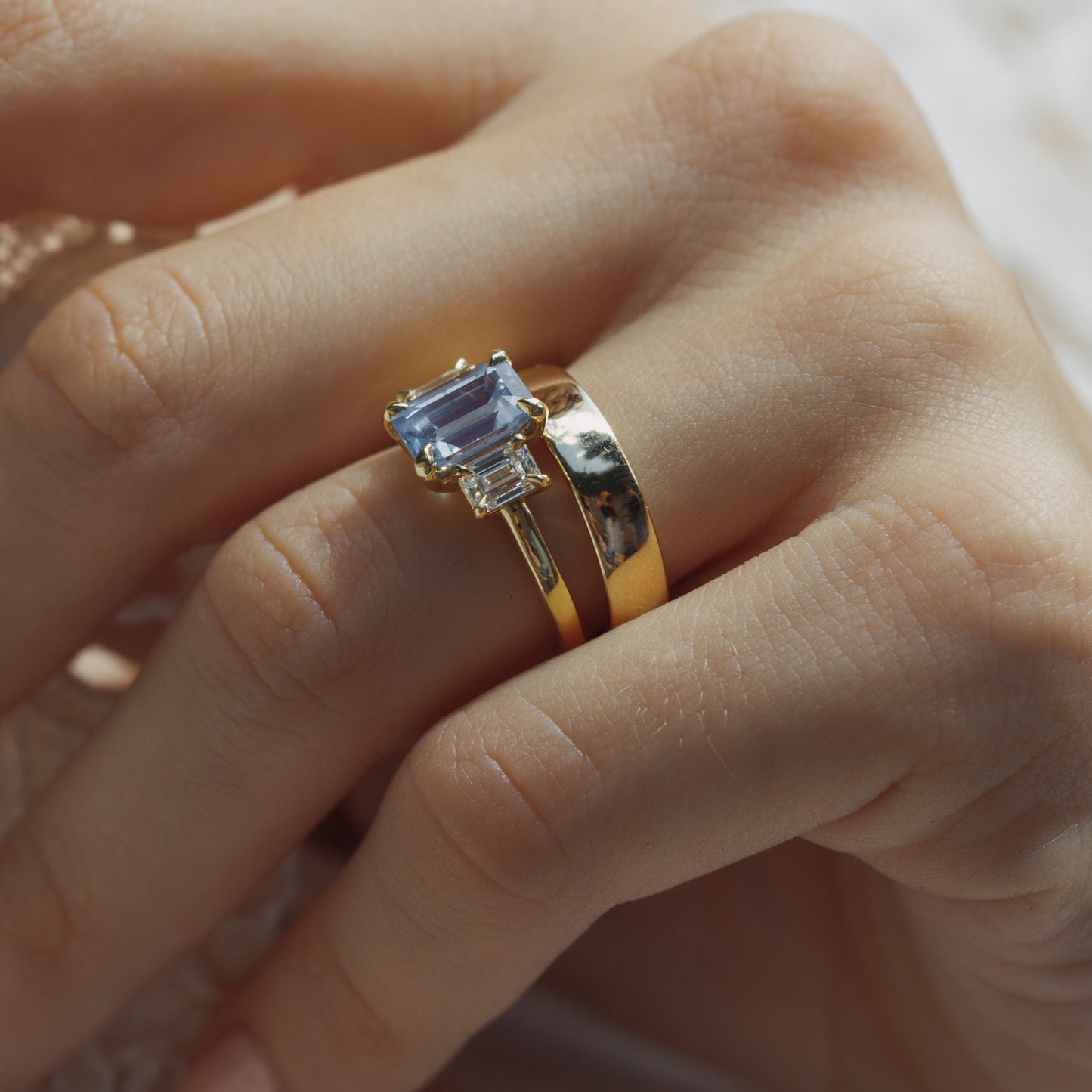 2.67ct Sapphire and Lab Diamond Three Stone Ring
