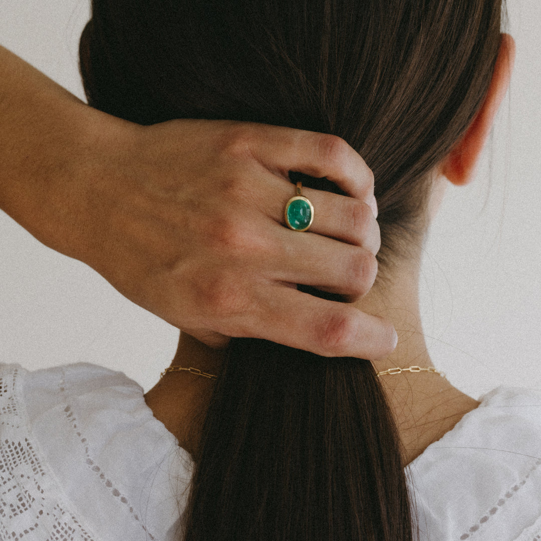 4.41ct Muzo Emerald Cabachon Bezel Ring