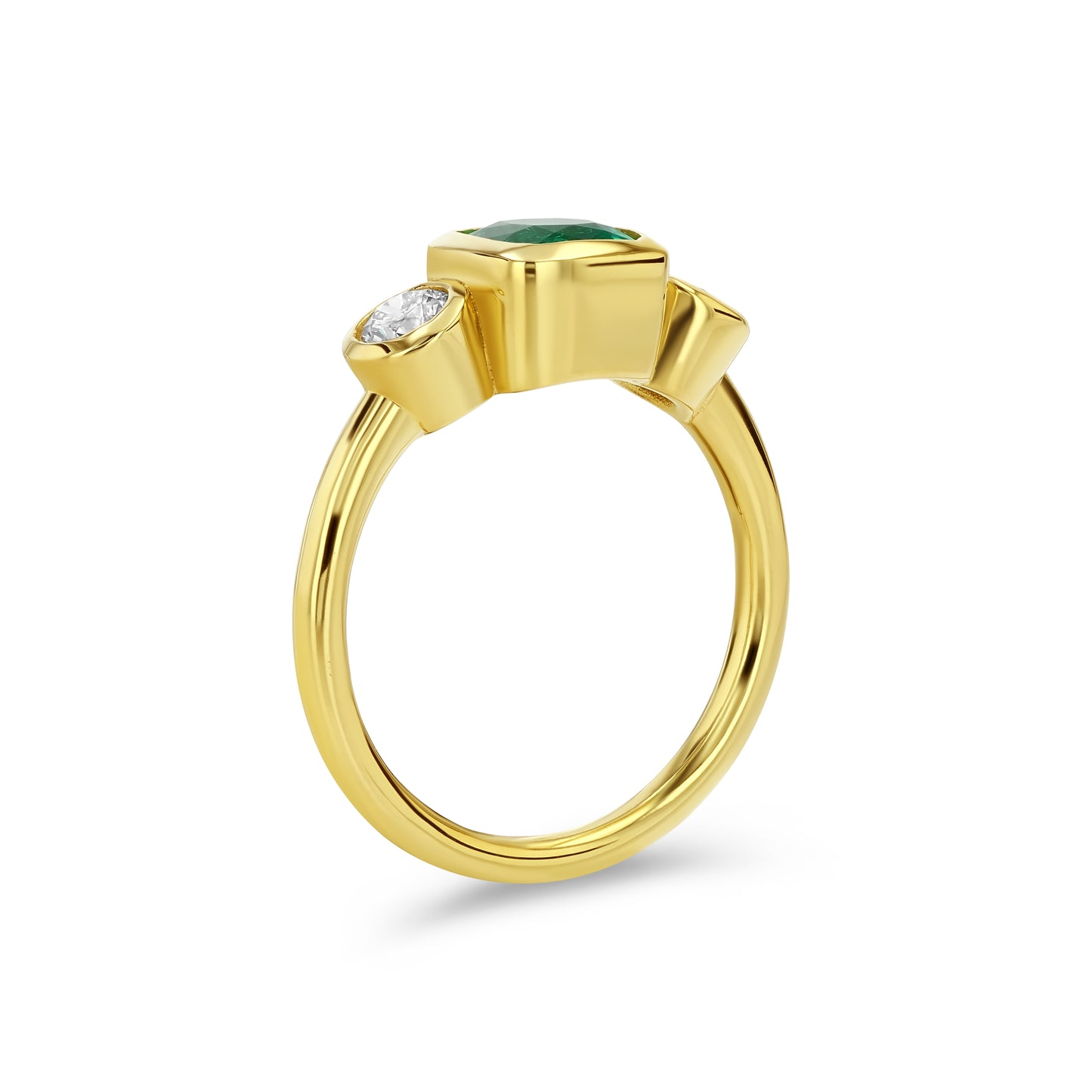 1ct Muzo Emerald and Diamond Three Stone Bezel Ring