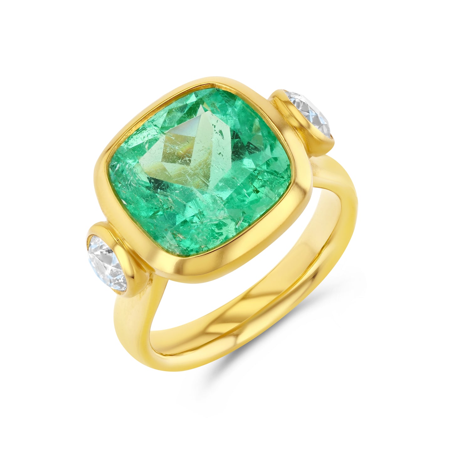 5.90ct Muzo Emerald Cushion Cut and Diamond Three Stone Ring
