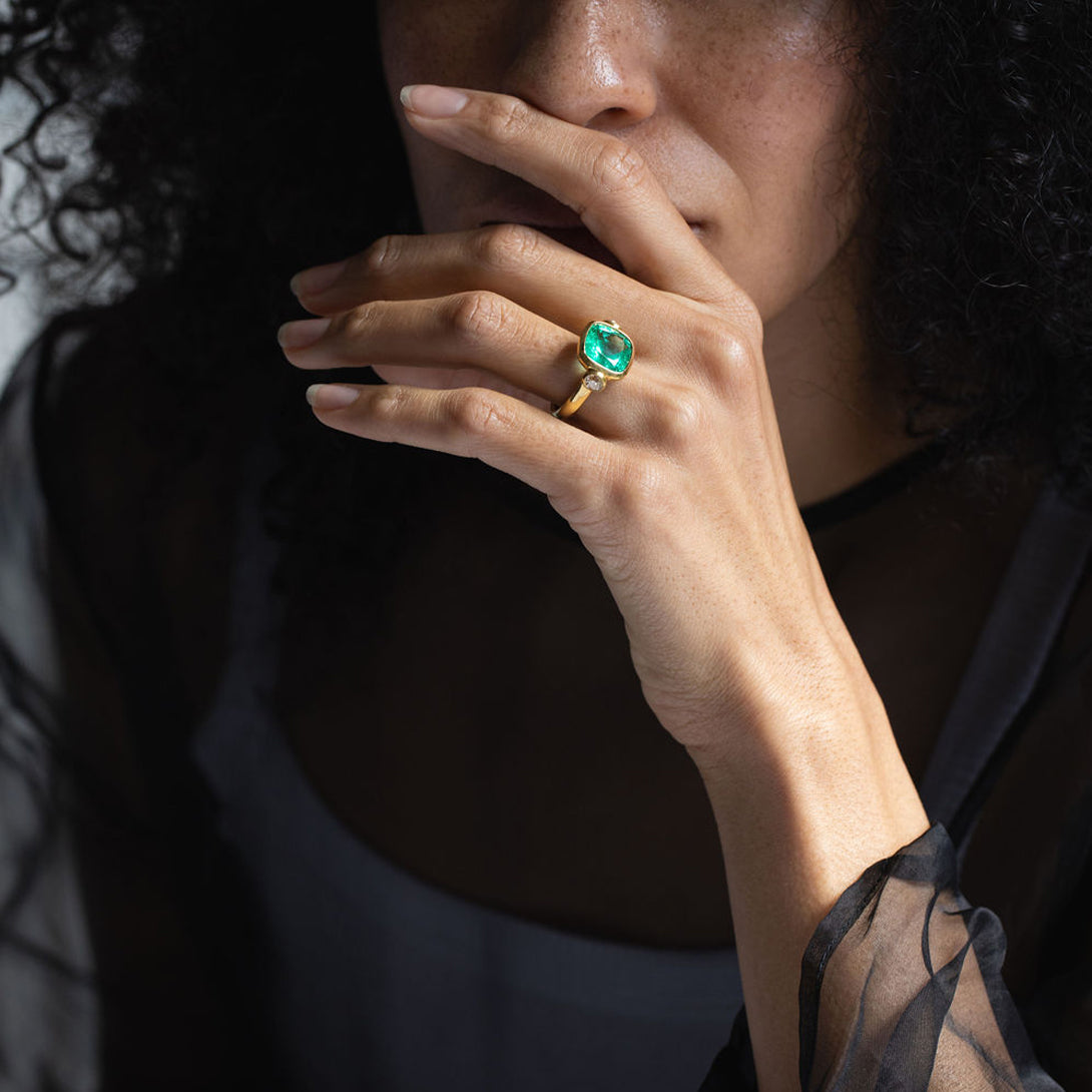 5.90ct Muzo Emerald Cushion Cut and Diamond Three Stone Ring