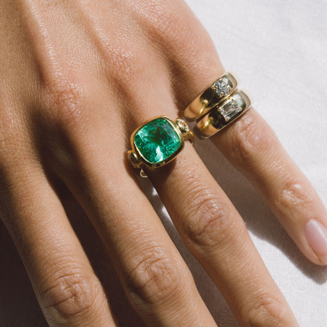 5.90ct Muzo Emerald Cushion Cut and Diamond Three Stone Ring