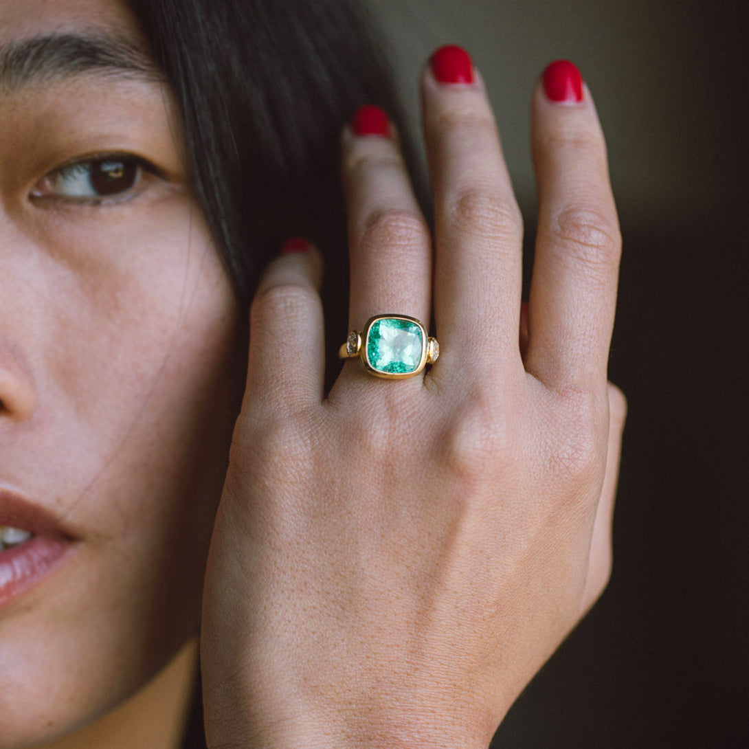 5.90ct Muzo Emerald Cushion Cut and Diamond Three Stone Ring