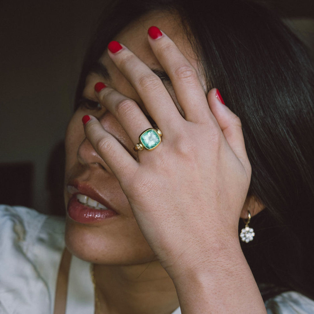 5.90ct Muzo Emerald Cushion Cut and Diamond Three Stone Ring