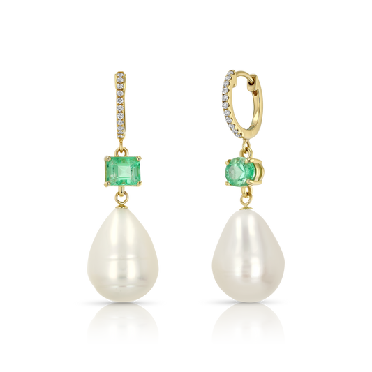Emerald Pearl Diamond Drop Earrings