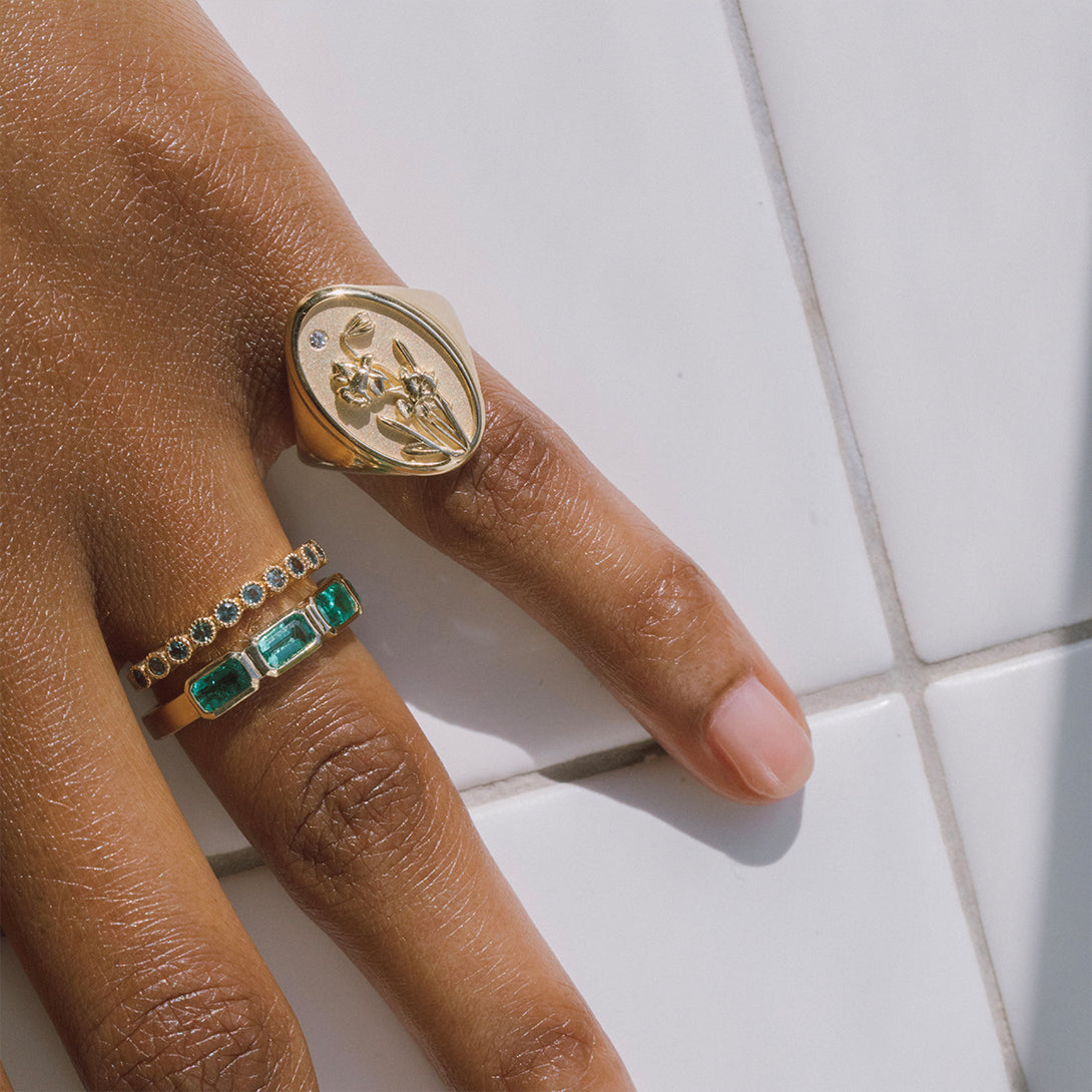 MARCH BIRTH FLOWER SIGNET RING