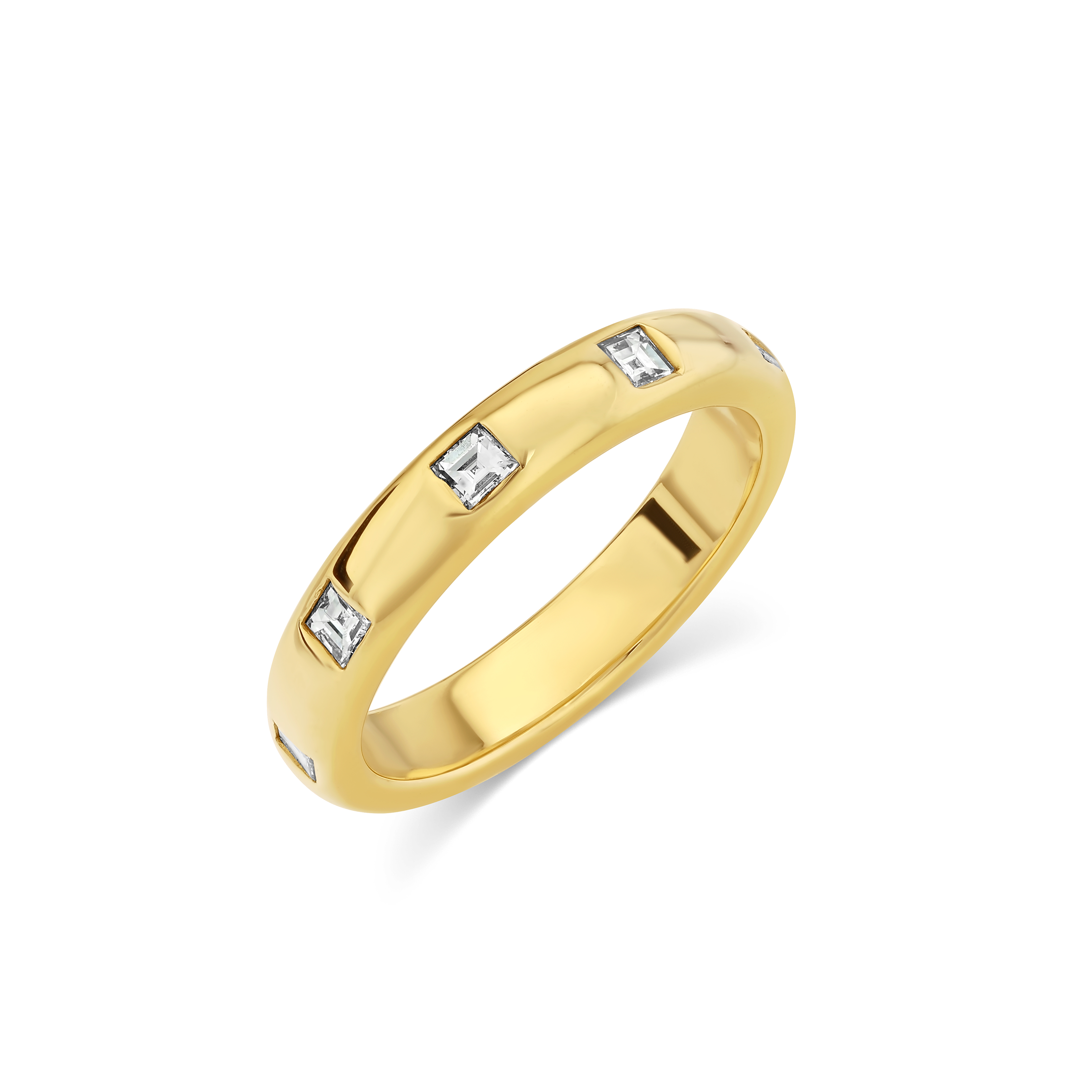Gold ring with embedded carre-diamonds on a white background