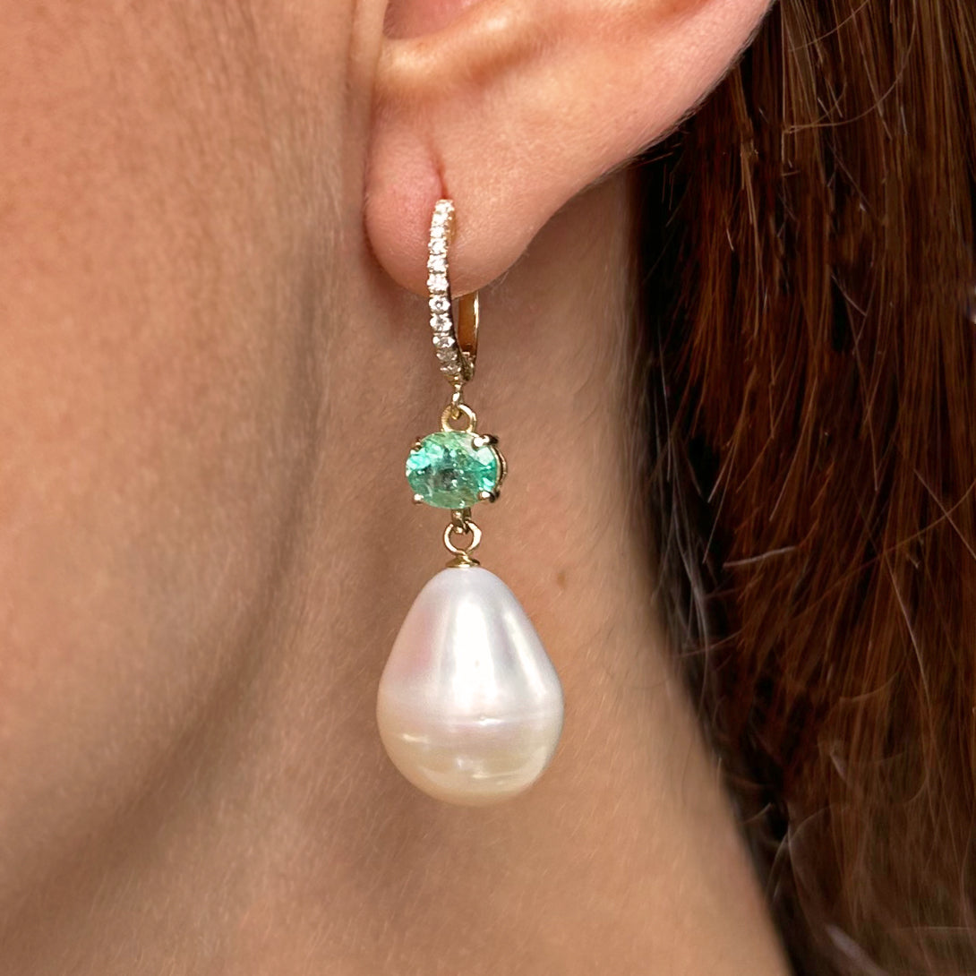 Emerald Pearl Diamond Drop Earrings