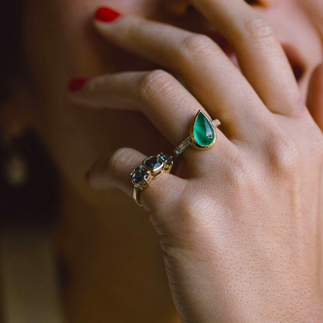 Emerald Pear Cabochon and Diamond Three Stone Ring