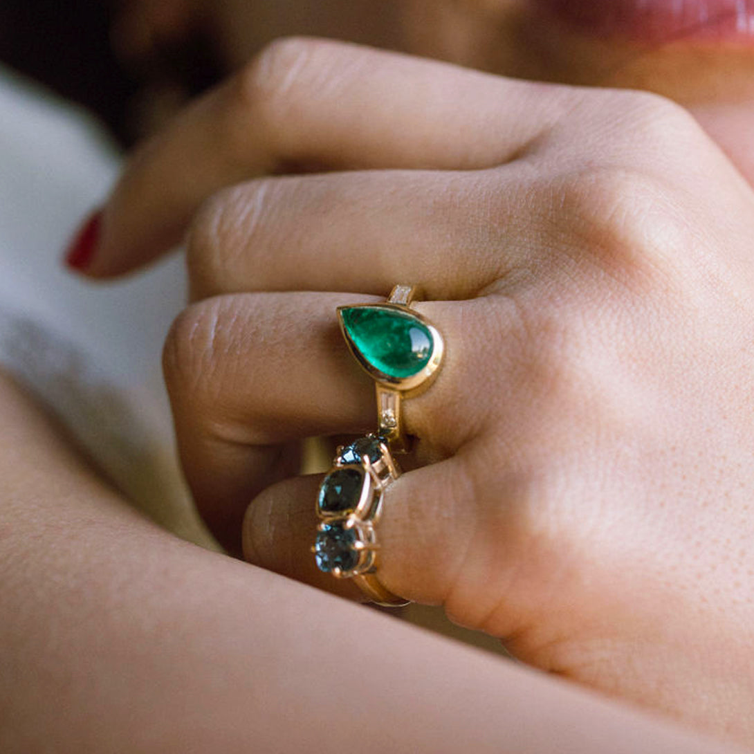 Emerald Pear Cabochon and Diamond Three Stone Ring