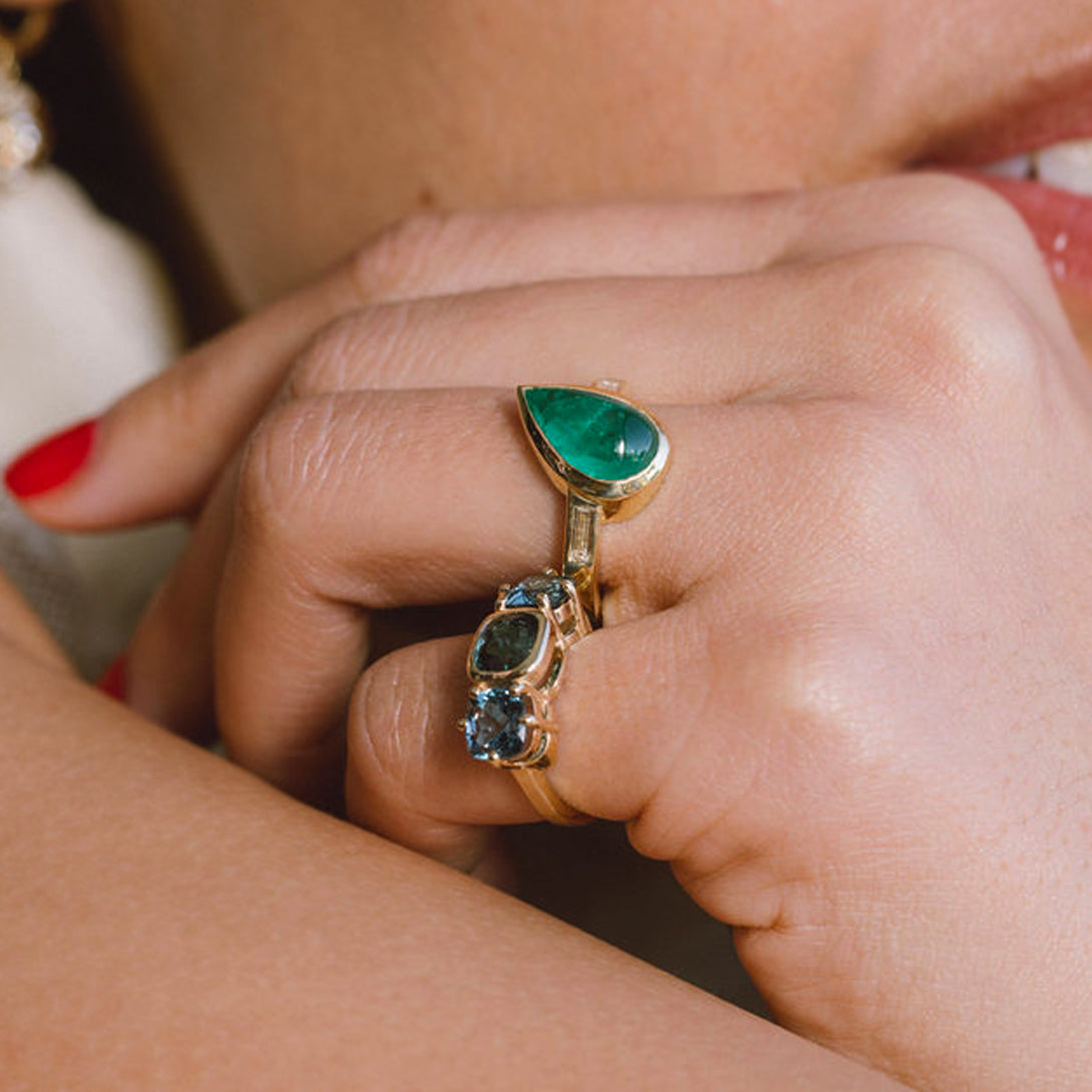 Emerald Pear Cabochon and Diamond Three Stone Ring