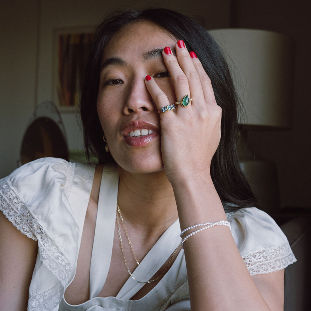 Emerald Pear Cabochon and Diamond Three Stone Ring