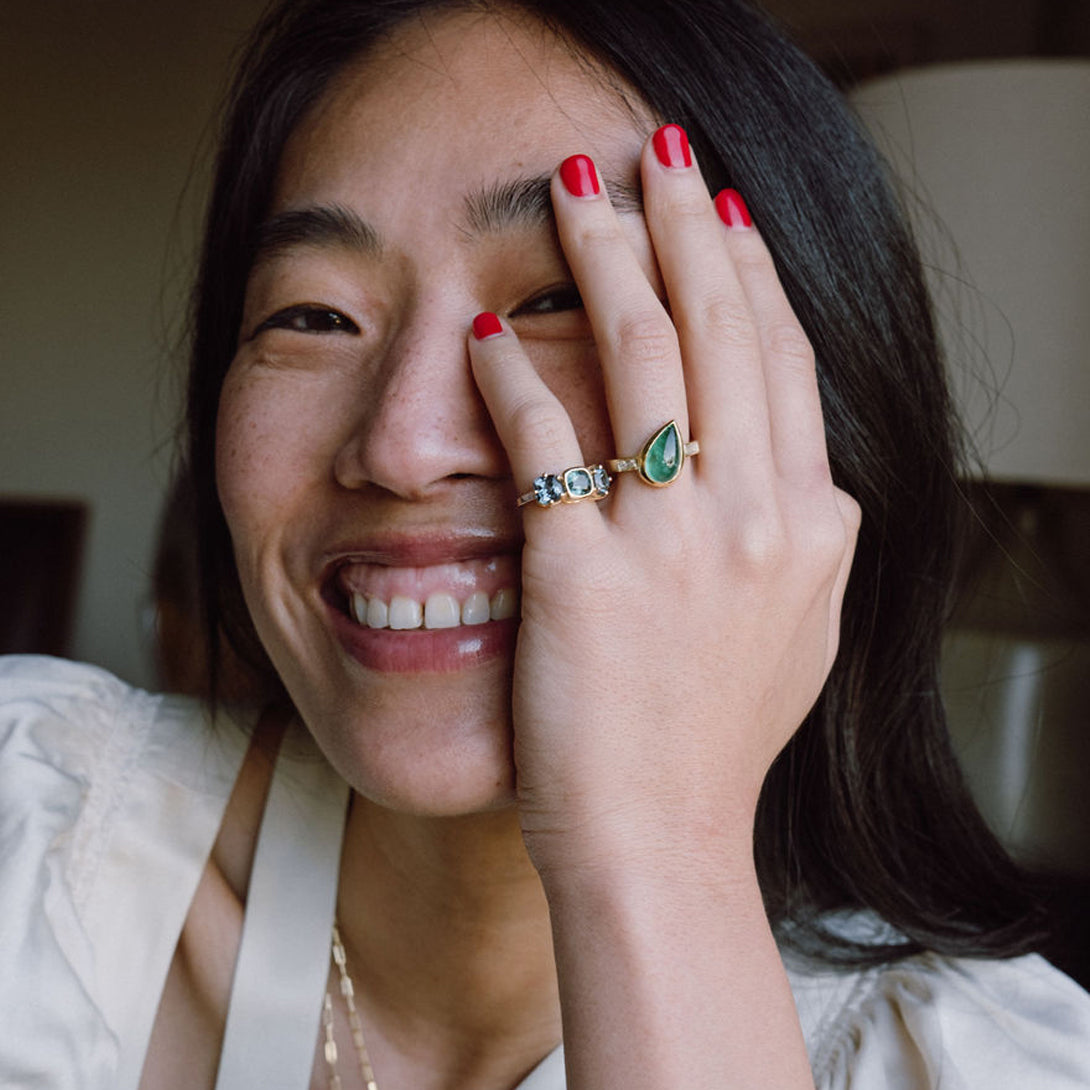 Emerald Pear Cabochon and Diamond Three Stone Ring