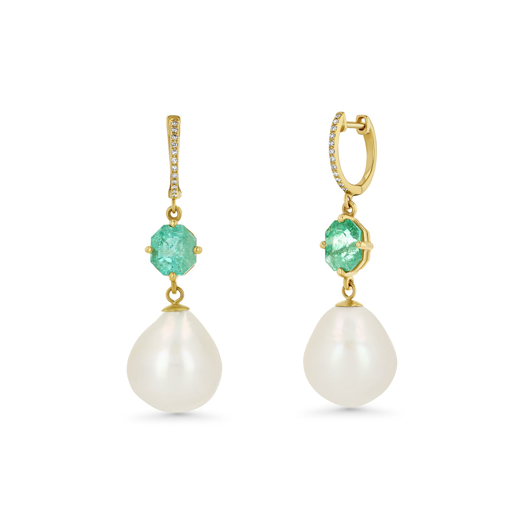 Emerald Pearl Diamond Drop Earrings