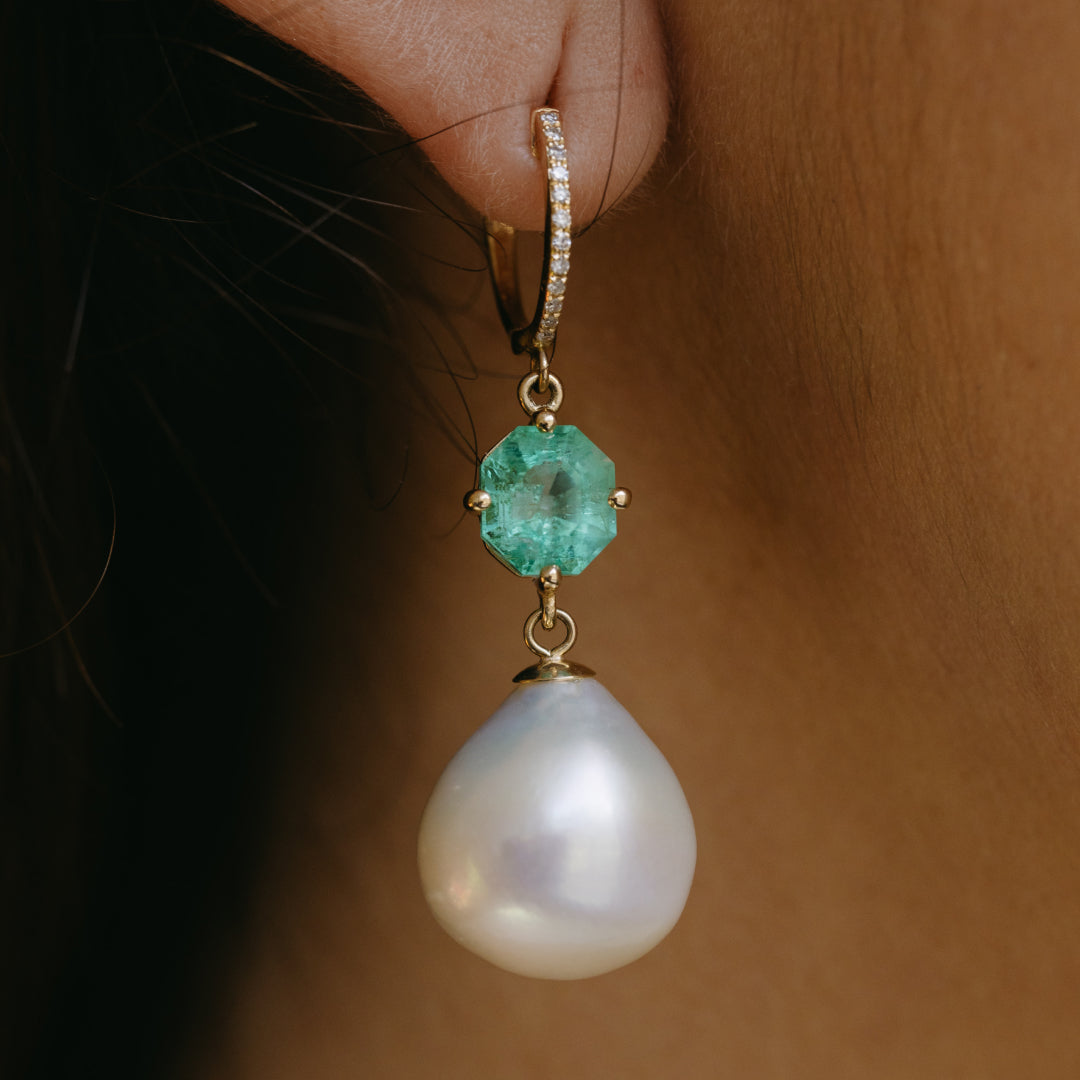 Emerald Pearl Diamond Drop Earrings