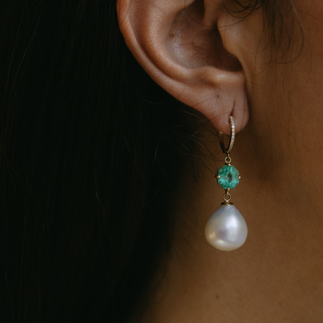 Emerald Pearl Diamond Drop Earrings