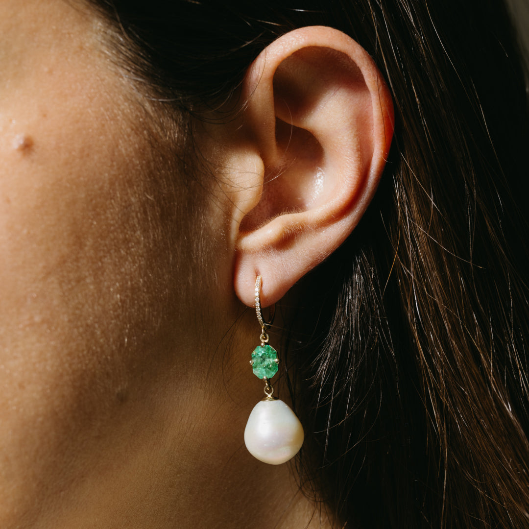 Emerald Pearl Diamond Drop Earrings