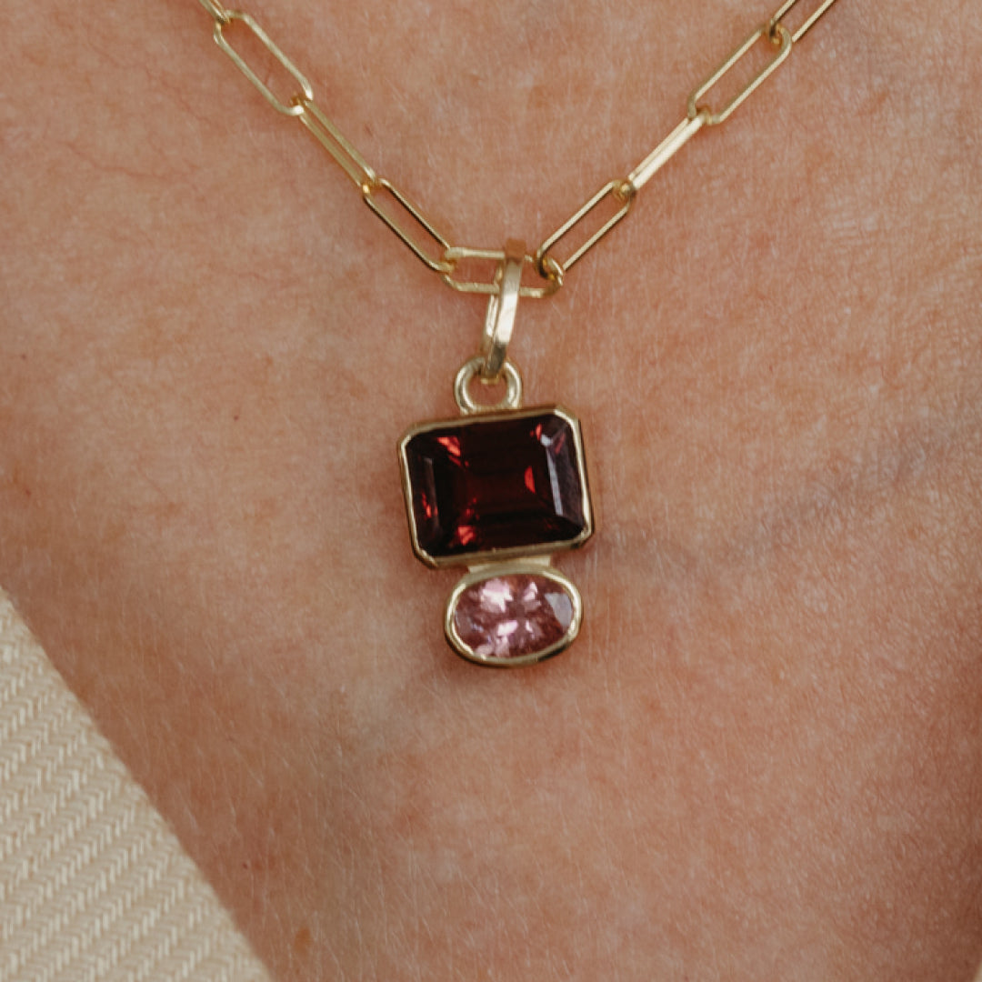 GARNET & PINK TOURMALINE 2 STONE FAMILY STONE CHARM