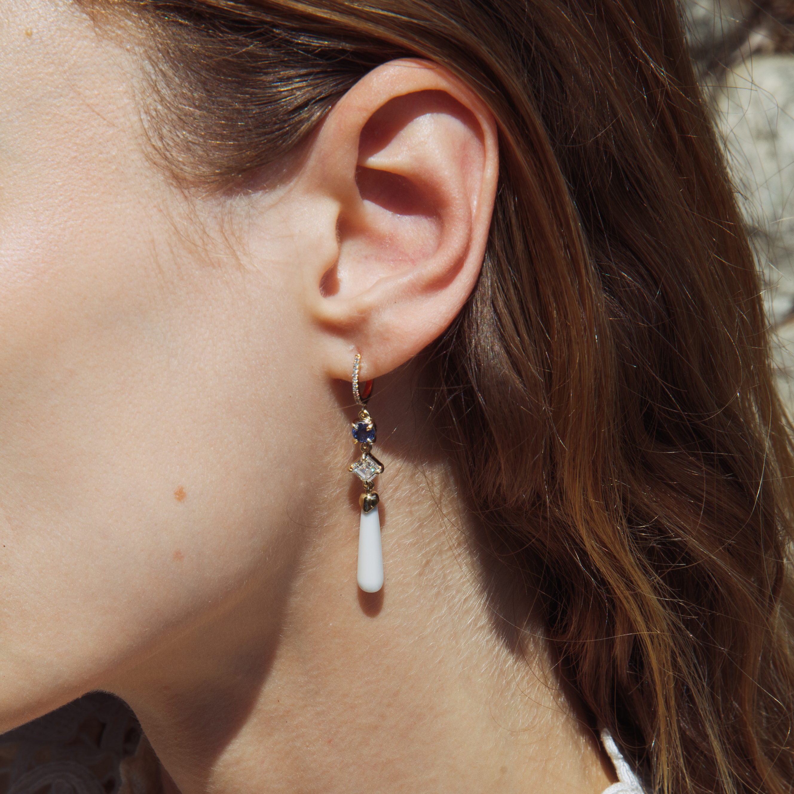 Sapphire, Diamond & Coral Drop Earrings