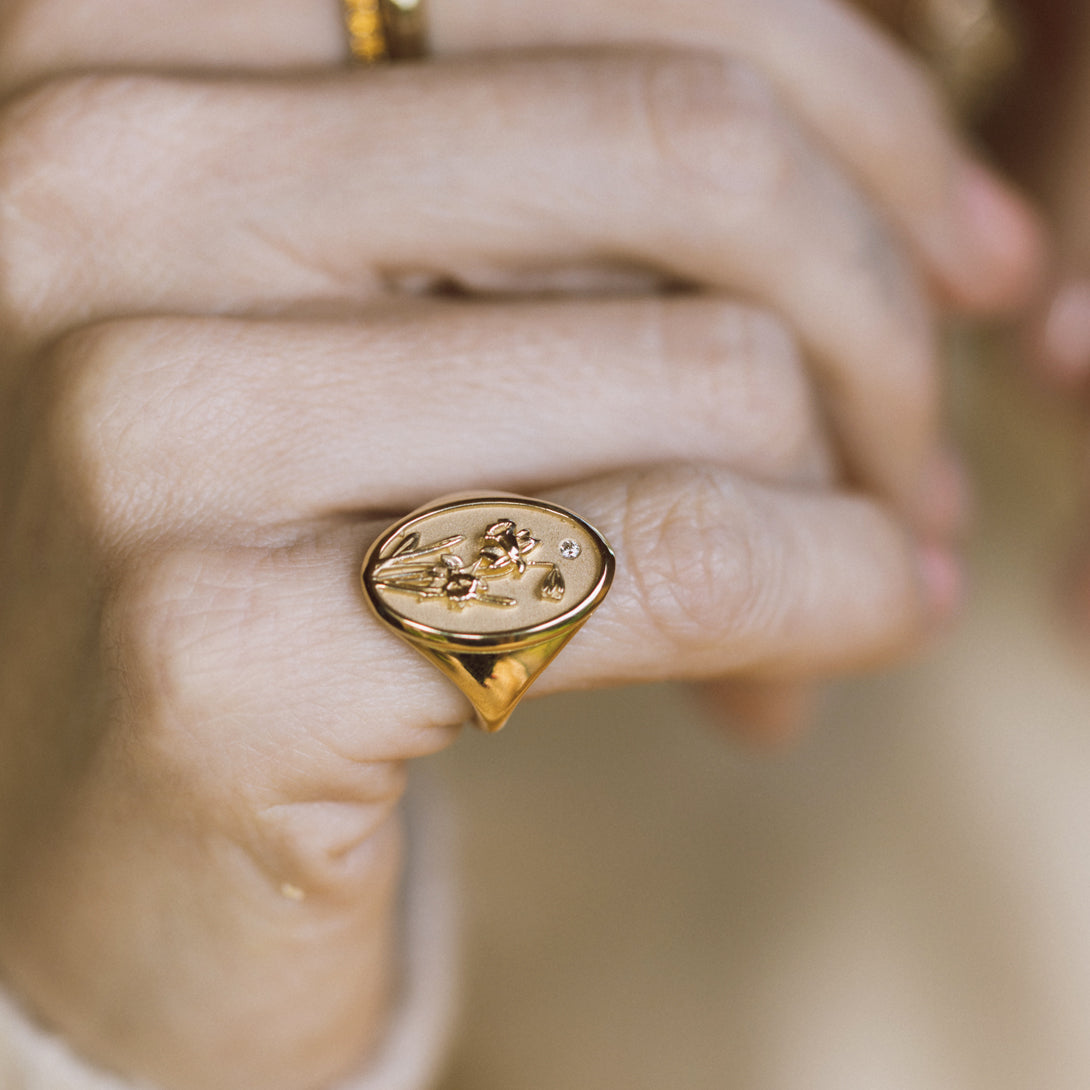 MARCH BIRTH FLOWER SIGNET RING