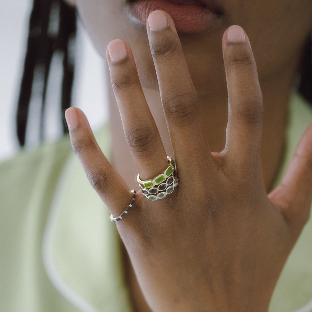 Peridot Emerald Cut Bezel Set Band