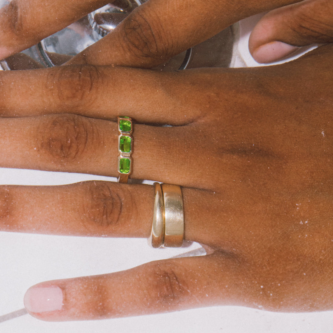 Peridot Emerald Cut Bezel Set Band