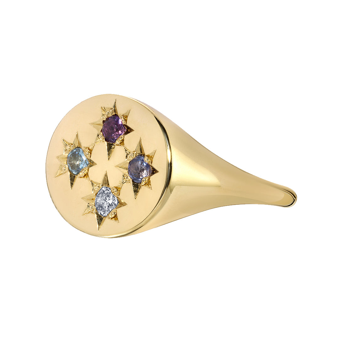 BIRTHSTONE COMPASS SIGNET RING 4 STONES