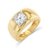 A gold ring featuring a princess cut diamond centerpiece.