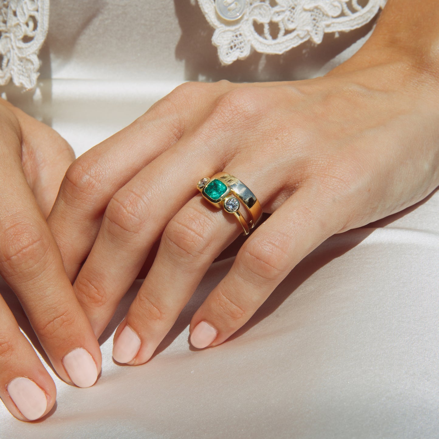 1ct Muzo Emerald and Diamond Three Stone Bezel Ring