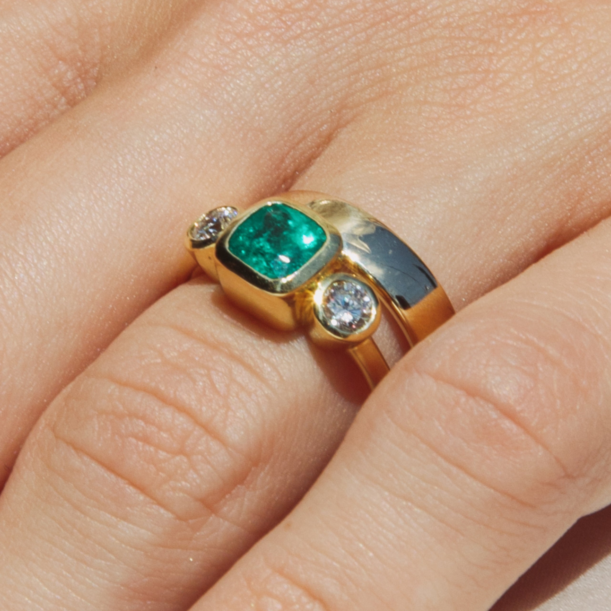 1ct Muzo Emerald and Diamond Three Stone Bezel Ring
