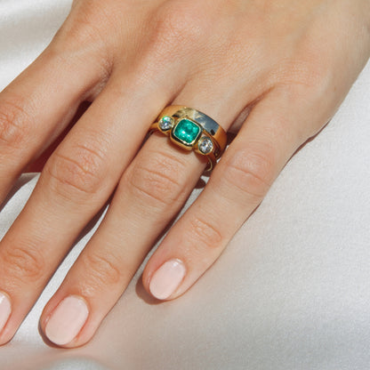 1ct Muzo Emerald and Diamond Three Stone Bezel Ring