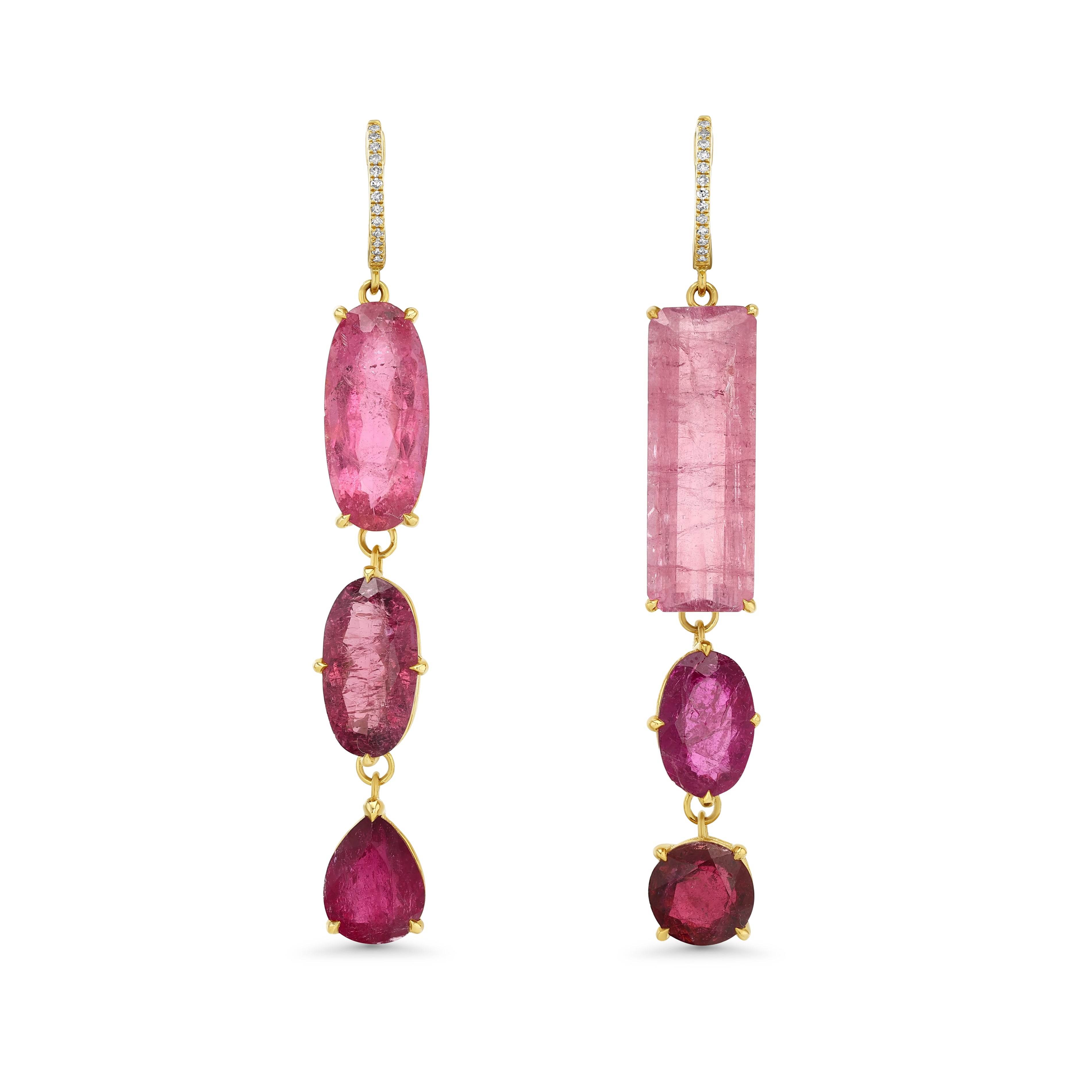 PINK TOURMALINE THREE STONE DROP EARRINGS