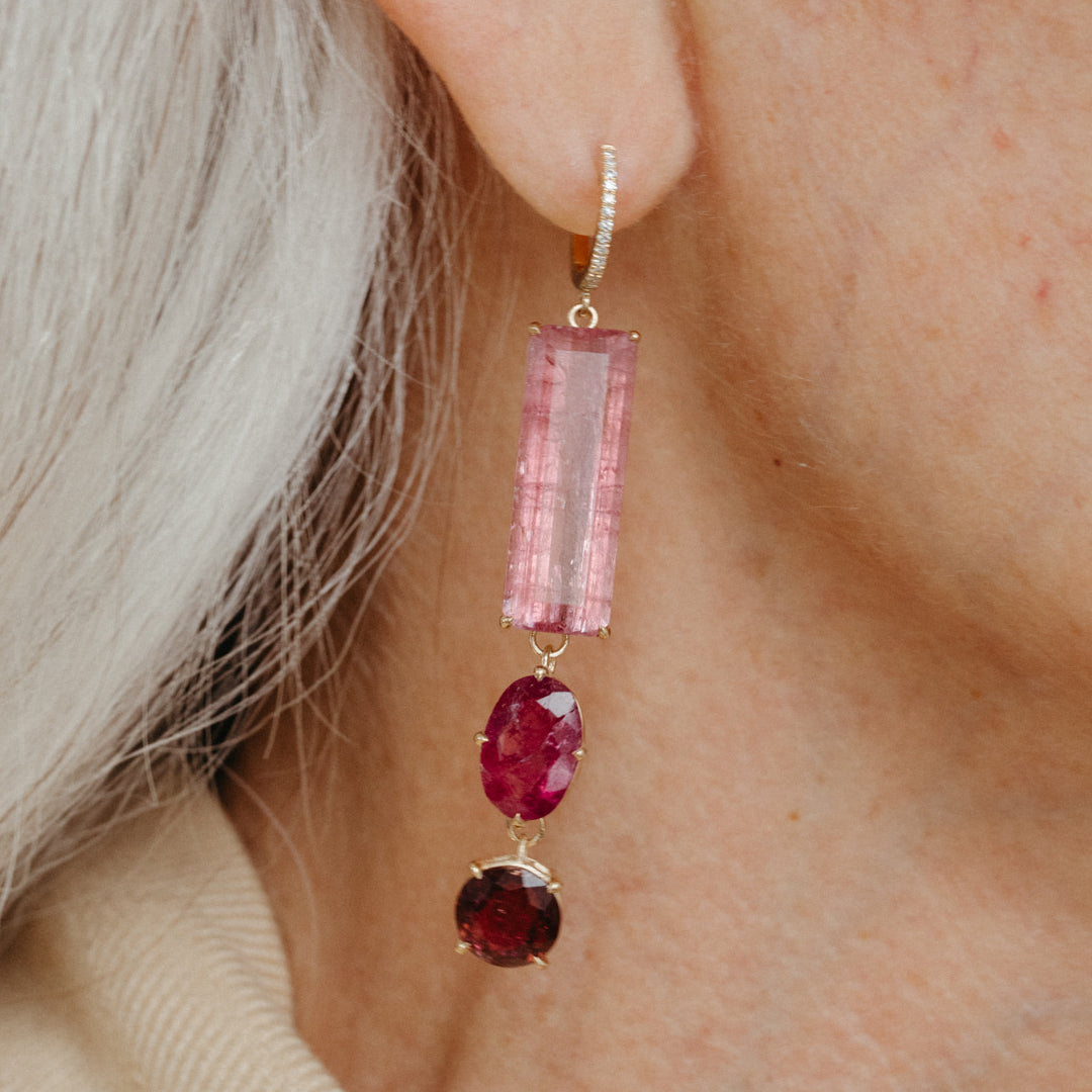PINK TOURMALINE THREE STONE DROP EARRINGS