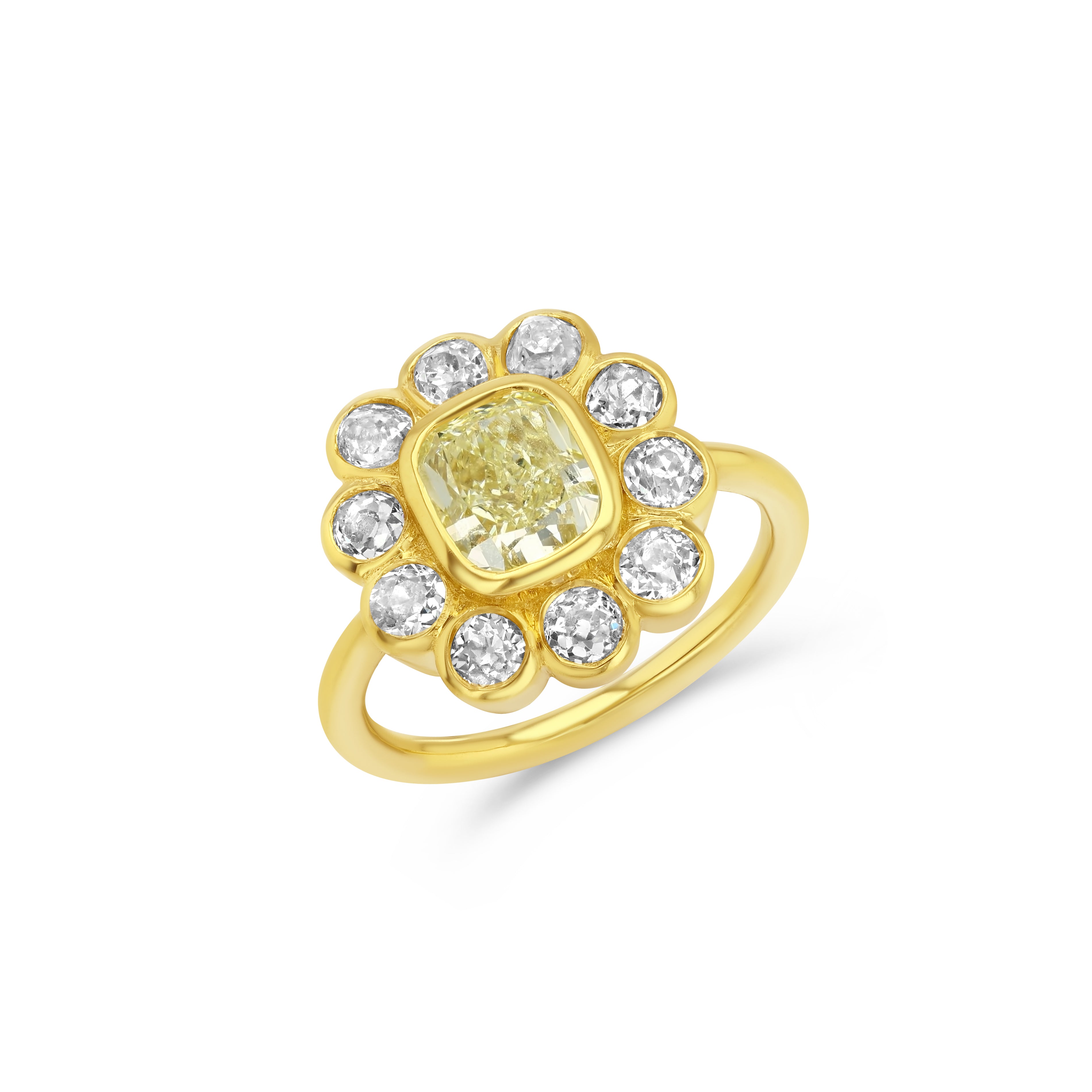 1.70ct Cushion Cut Yellow Diamond Flower Ring