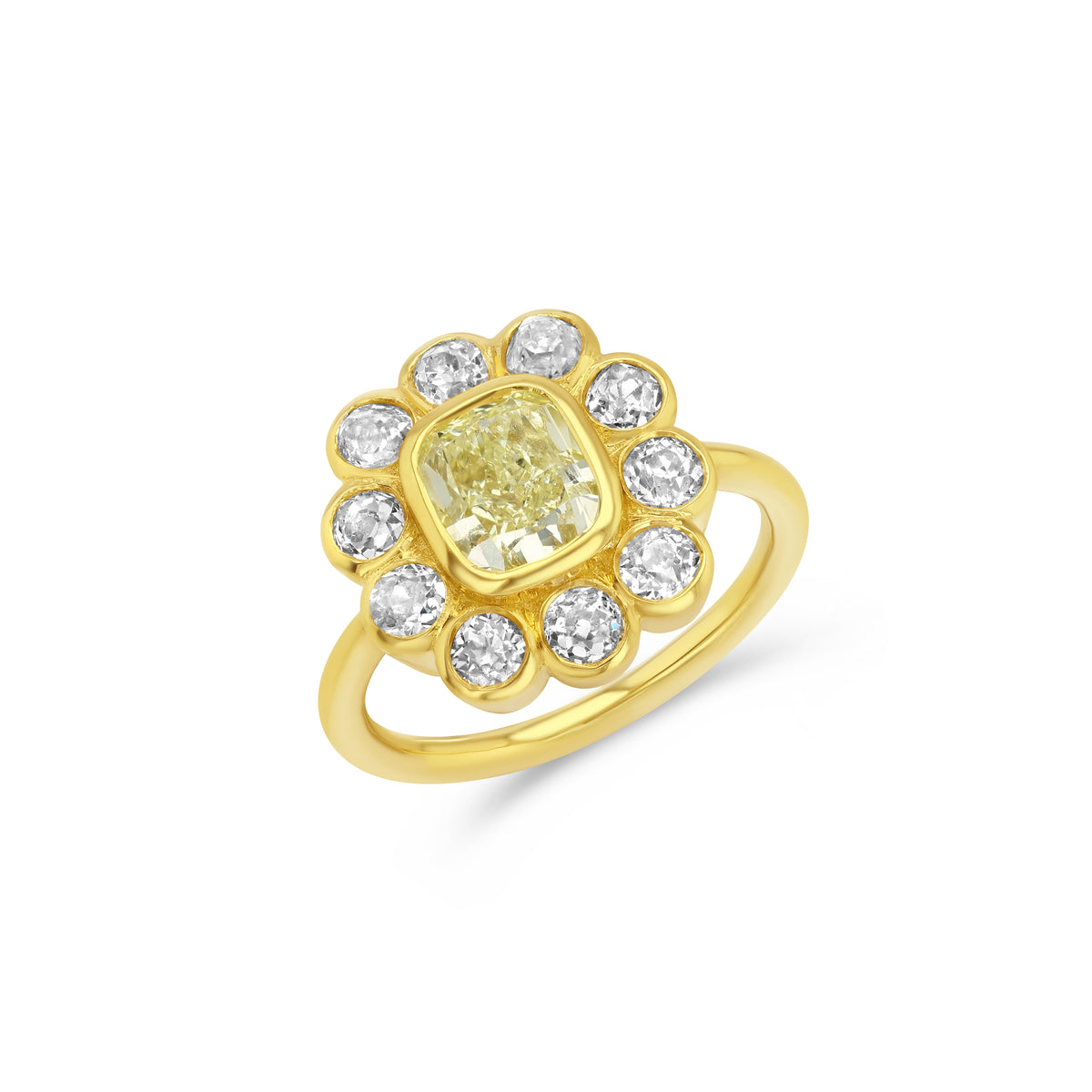 1.70ct Cushion Cut Yellow Diamond Flower Ring