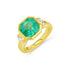 Gold ring with a green emerald gemstone and smaller diamonds on a white background