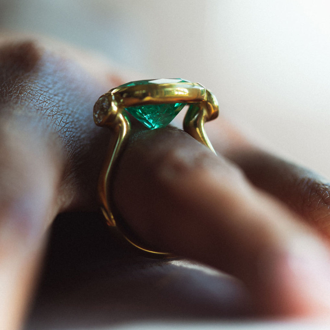 Muzo Emerald Cushion Cut and Diamond Three Stone Ring