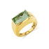 A gold ring with a large mint green tourmaline gemstone set in a rectangular cut.