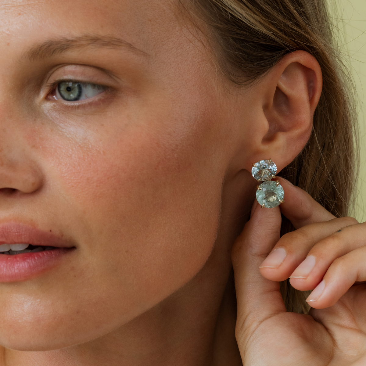 Aquamarine & Beryl Mismatched Prong Earrings