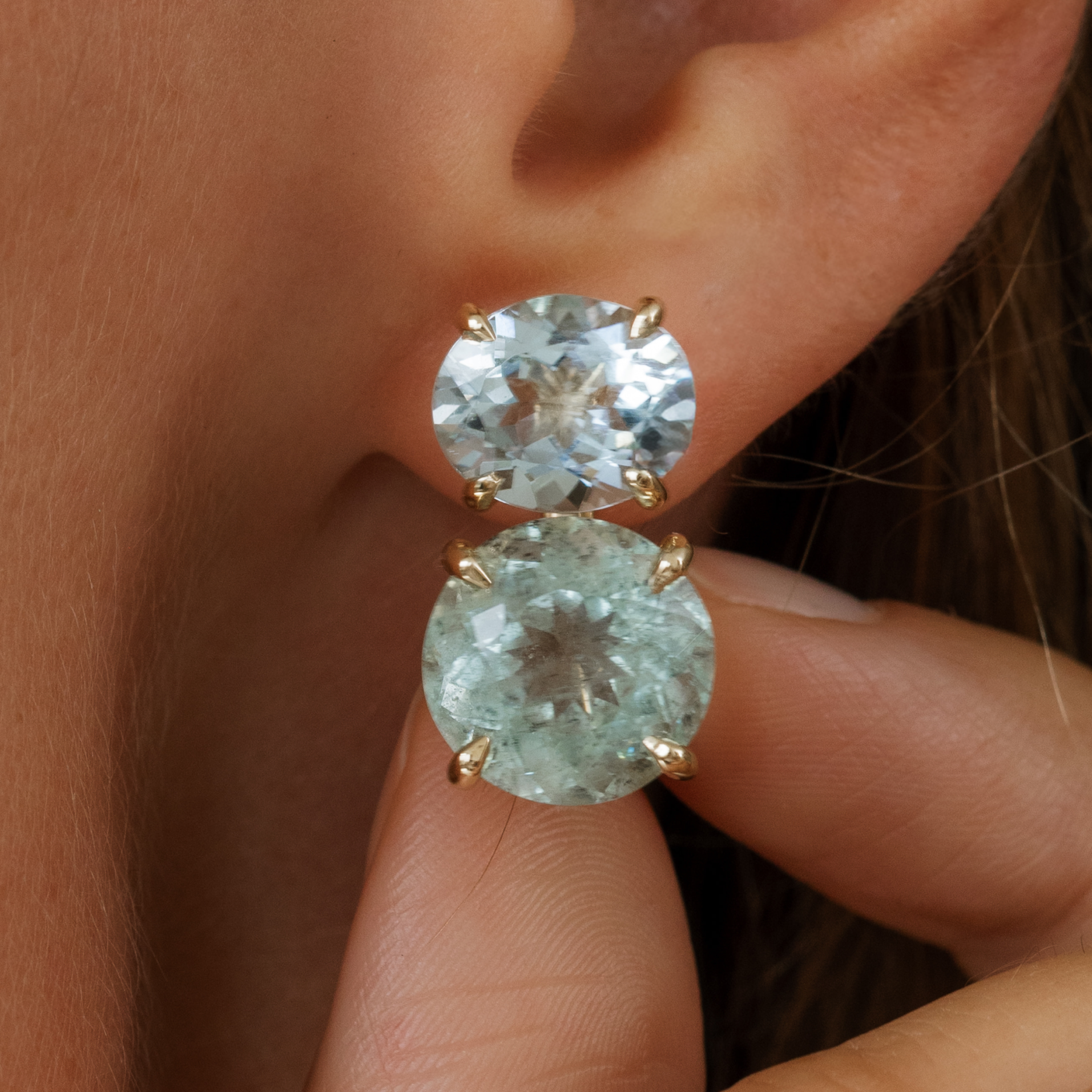 Aquamarine & Beryl Mismatched Prong Earrings