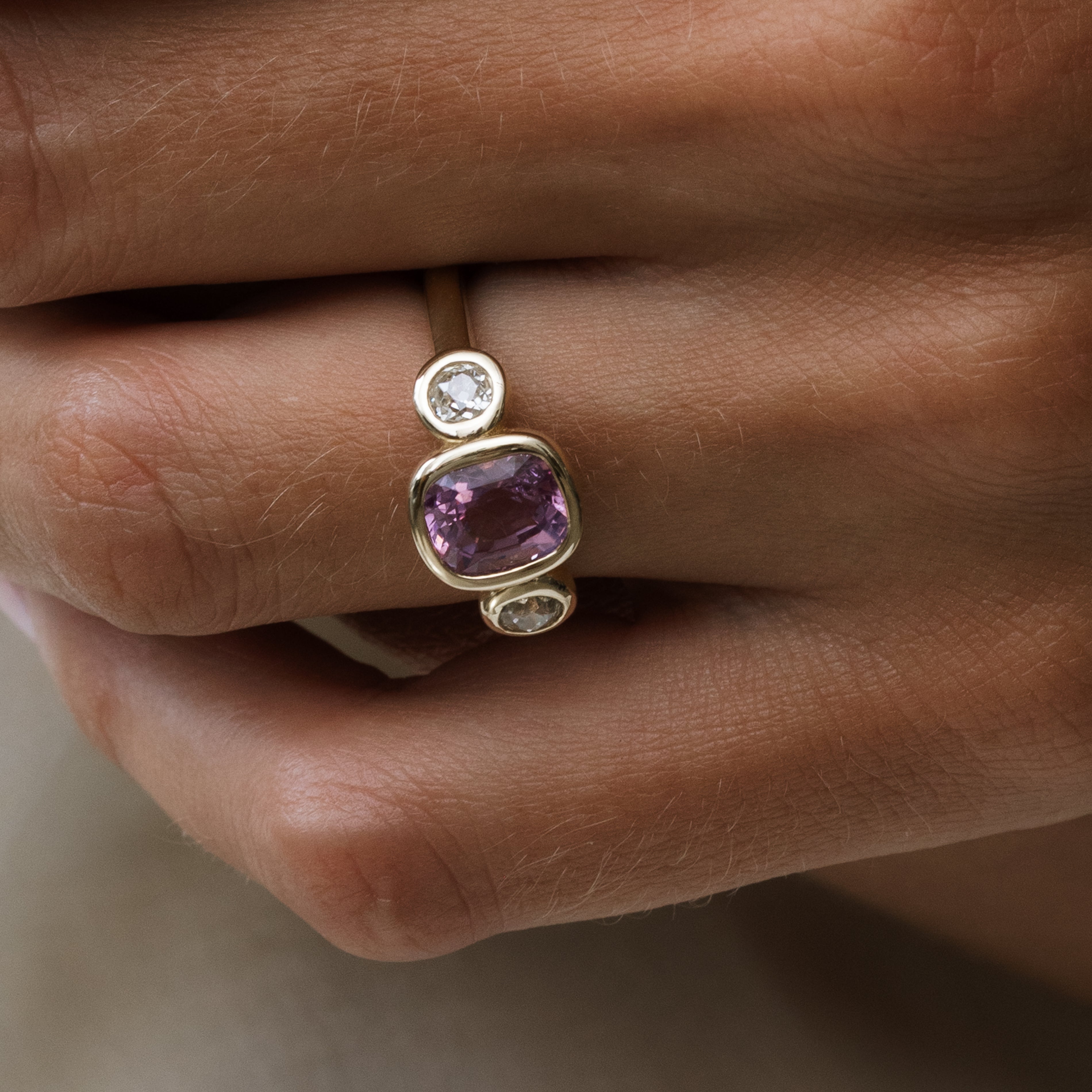2.13ct Pink Spinel & Diamond Three Stone Bezel Ring