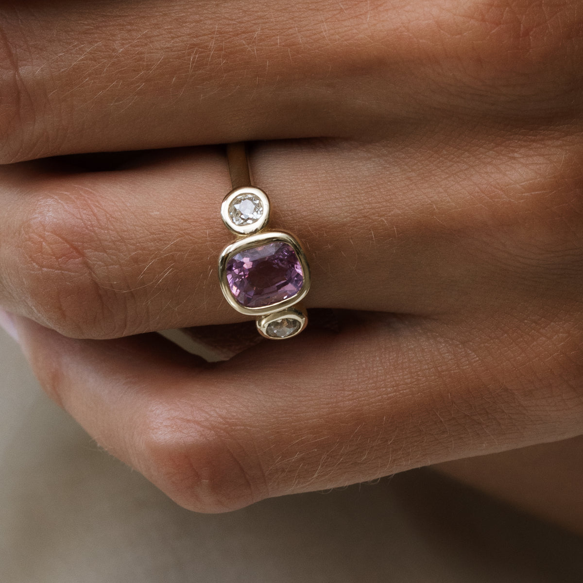 2.13ct Pink Spinel & Diamond Three Stone Bezel Ring