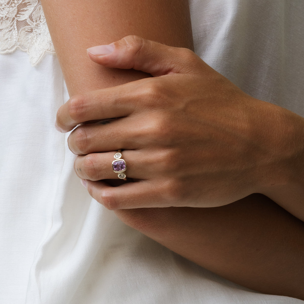 2.13ct Pink Spinel & Diamond Three Stone Bezel Ring