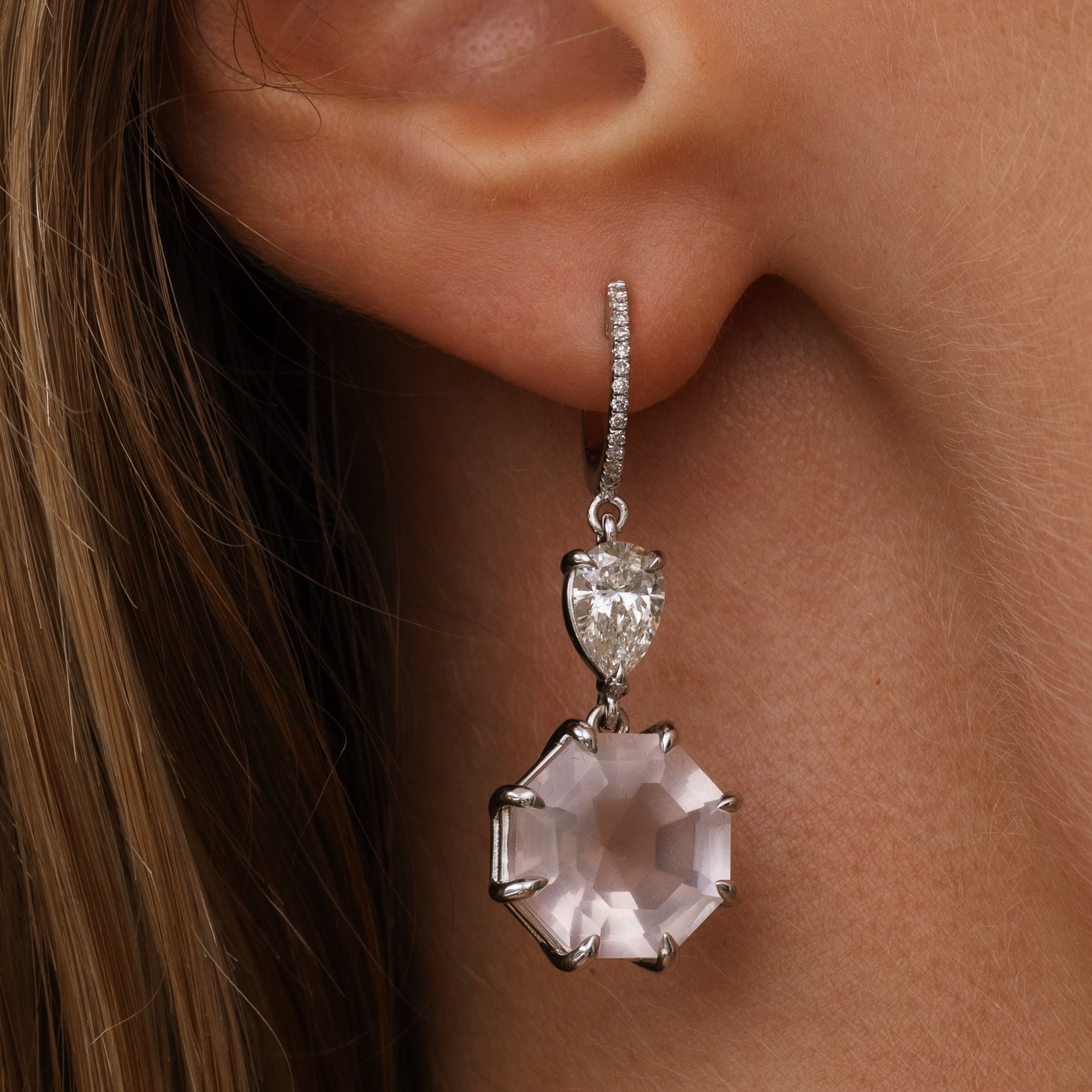 Rose Quartz & Lab Diamond Drop Earrings