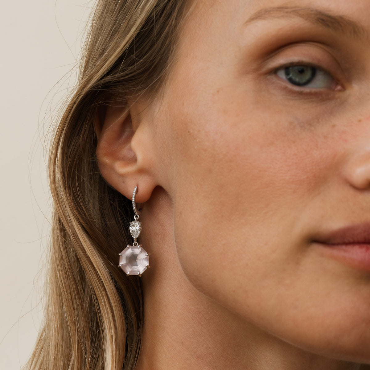 Rose Quartz & Lab Diamond Drop Earrings