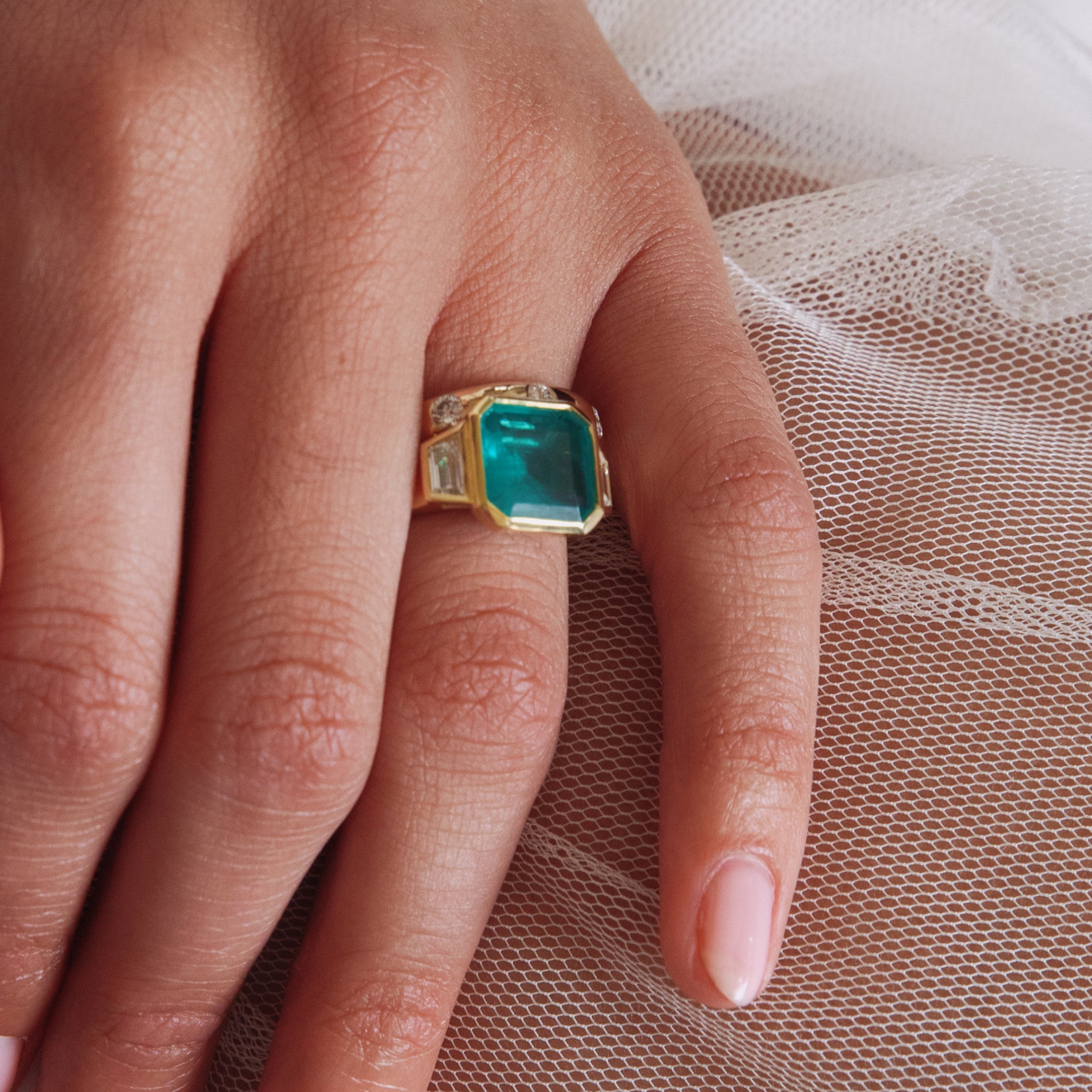 3.49ct Zambian Emerald and Diamond Bezel Ring