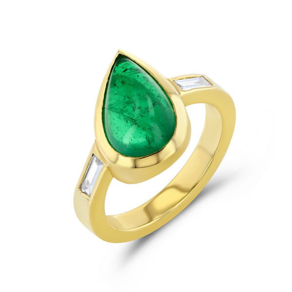 Emerald Pear Cabochon & Diamond Bezel Set Ring in 18k Yellow Gold – Starling