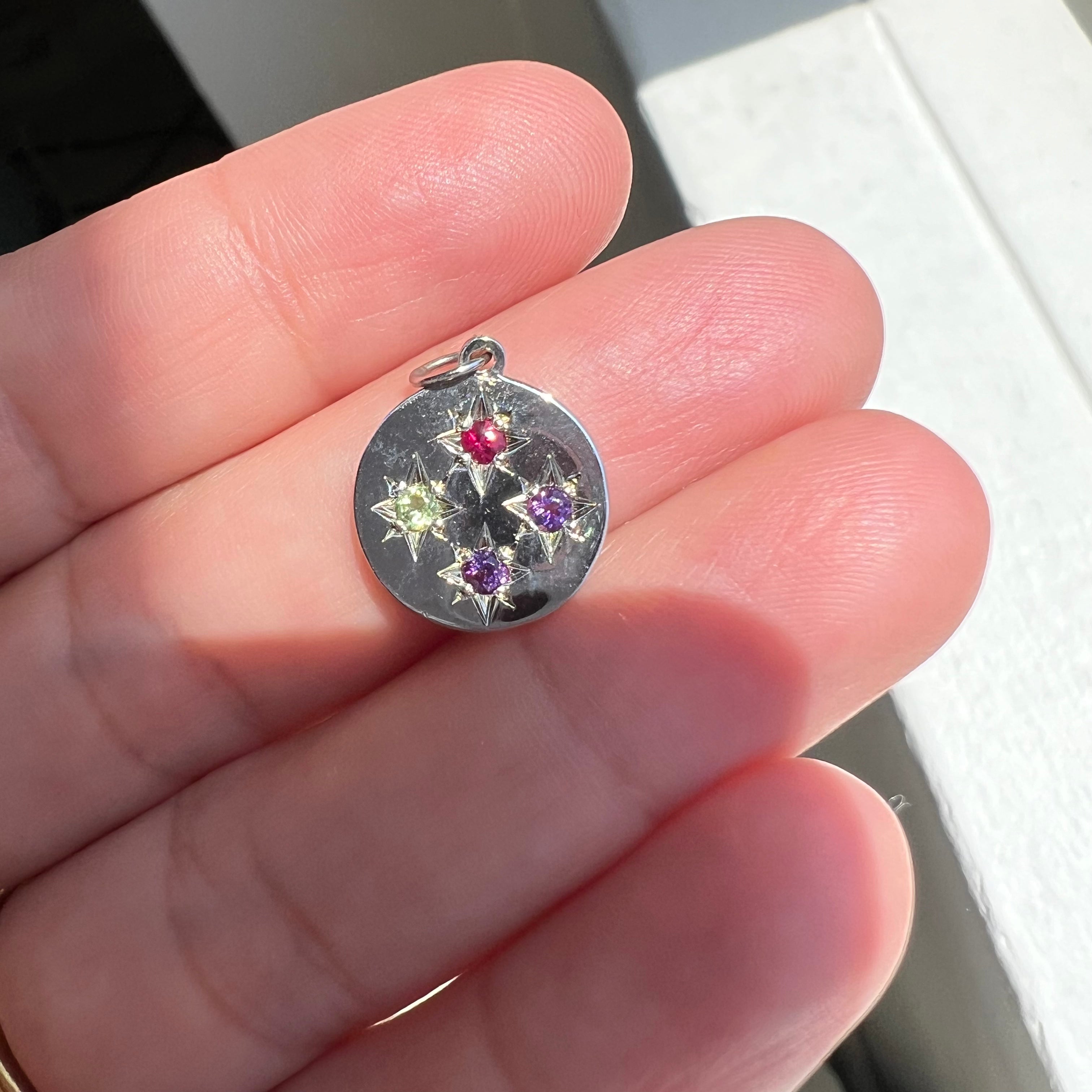 Birthstone Compass Charm 4 Stones - Ruby, Peridot, Amethyst, Amethyst